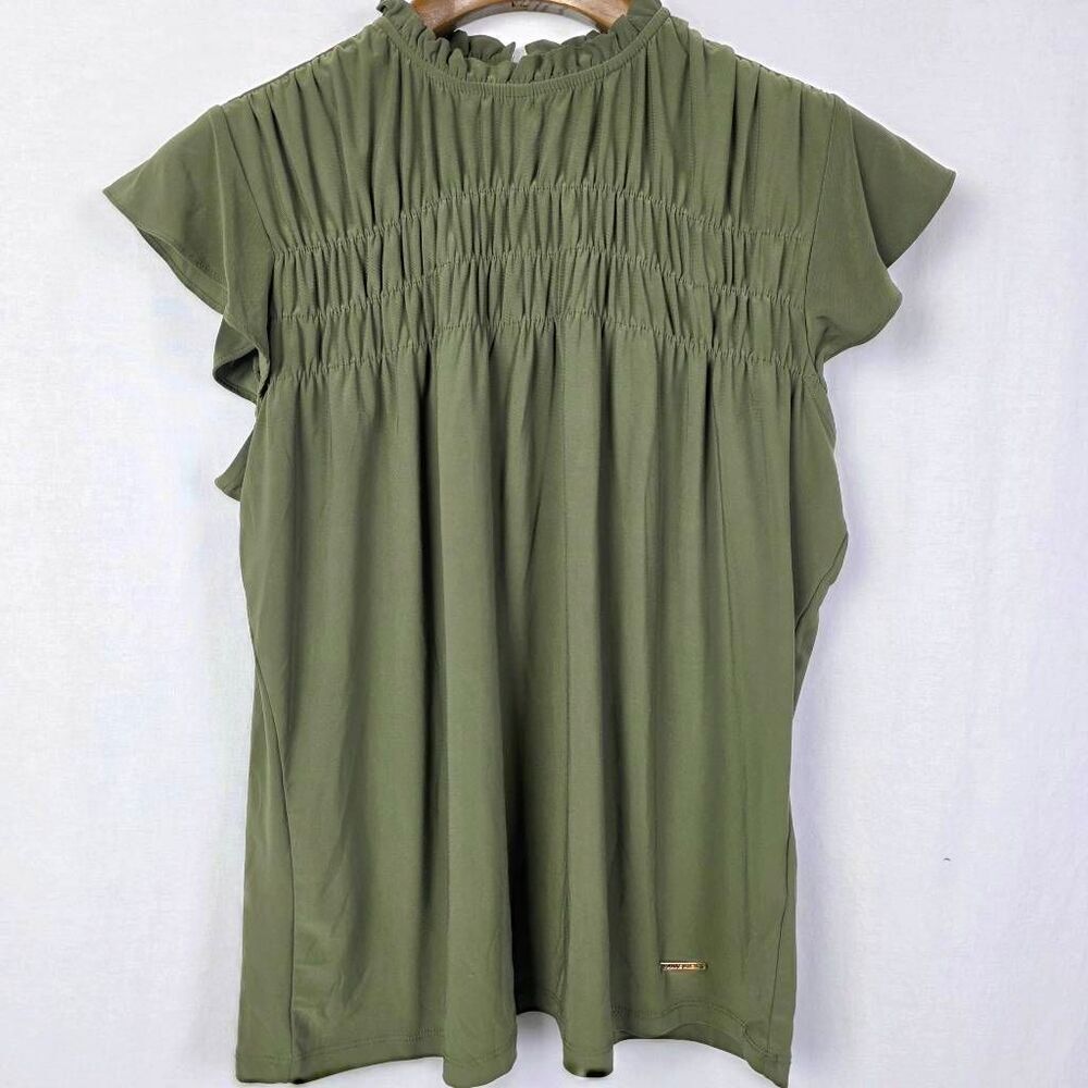 Anne Klein Olive Ruffle Blouse Keyhole Small - Picture 3 of 7